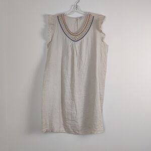 Rosemarie Italian Linen Sleeveless Dress with Embroidered Neckline Natural Beige